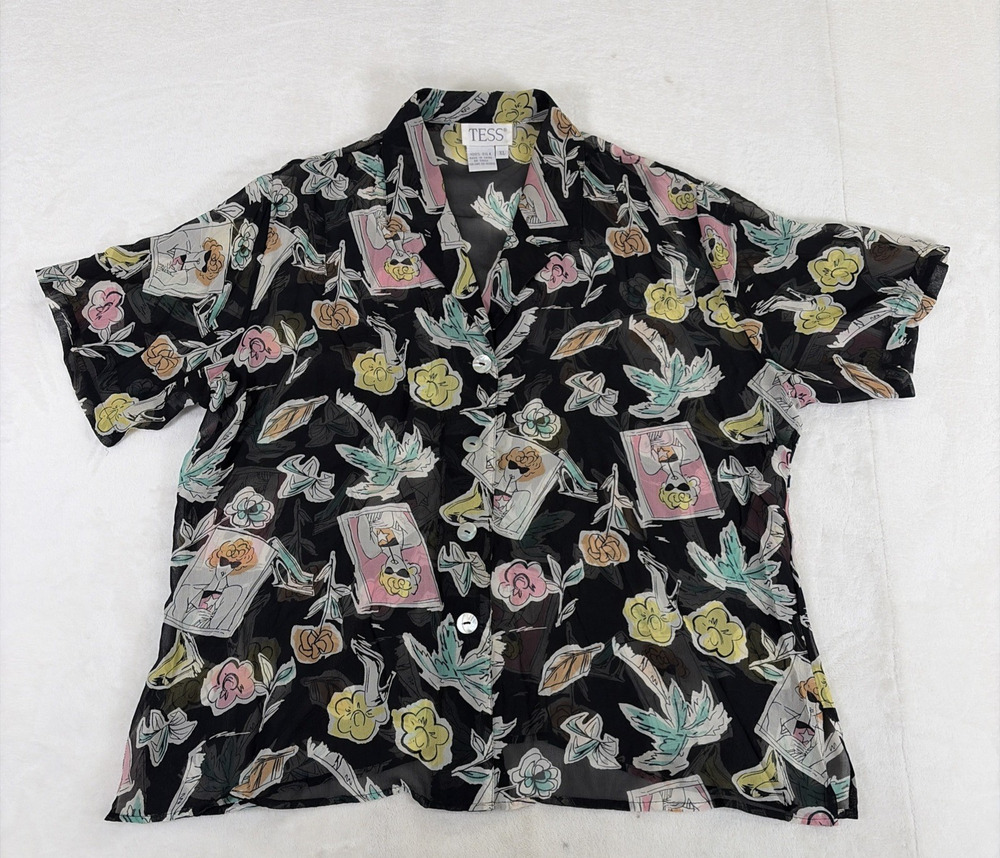 Vtg Tess Womens Silk Button Up Shirt XL Black Sheer Retro Print Bnfts Charity